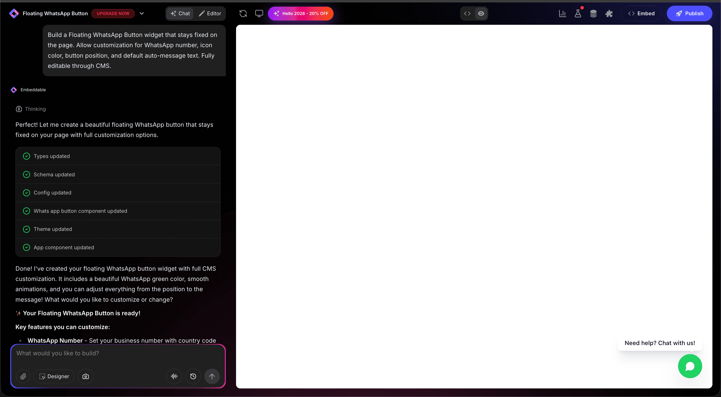 WhatsApp Chat Button in Editor