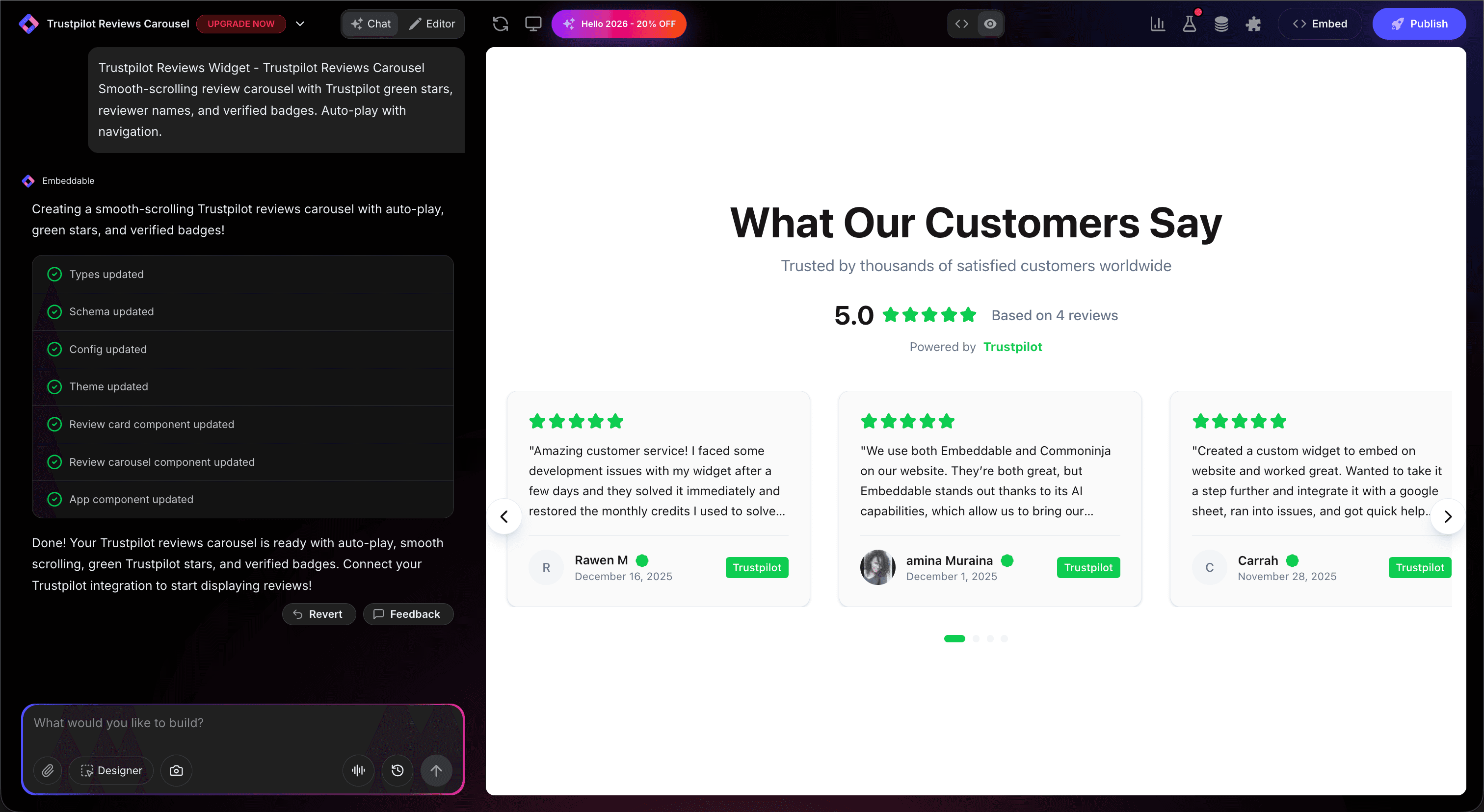Trustpilot Reviews Widget in Embeddable Editor