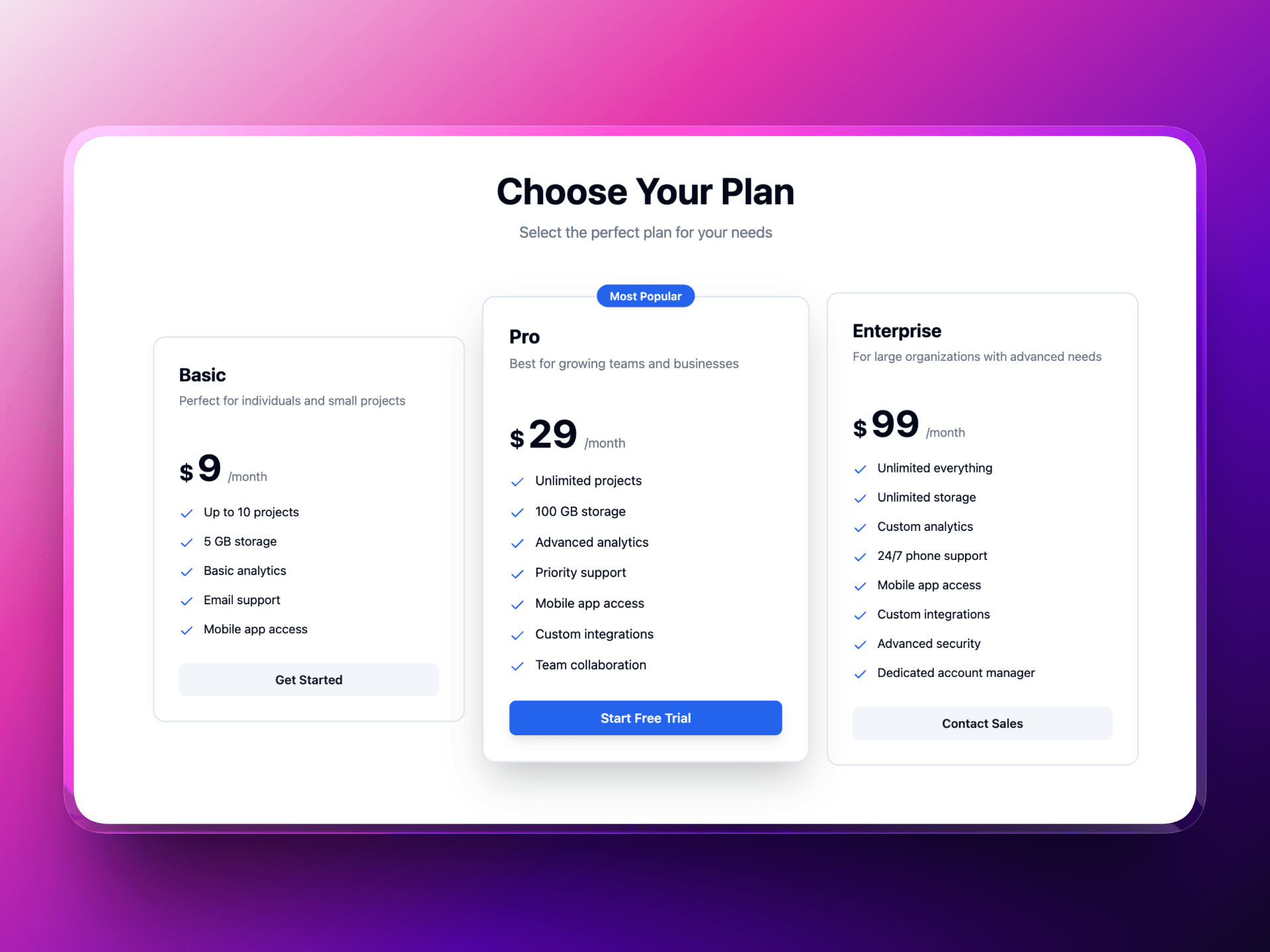 3-Column Pricing Table