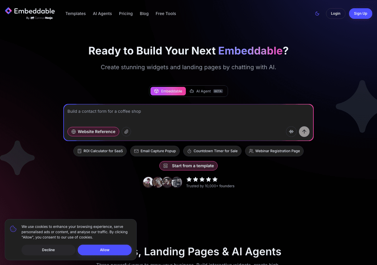 Embeddable widget builder interface showing a custom Shopify product page widget